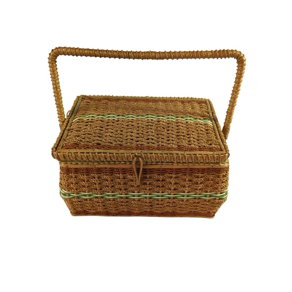 Vintage Woven Sewing Basket with Insert Seafoam Green Satin Lining
